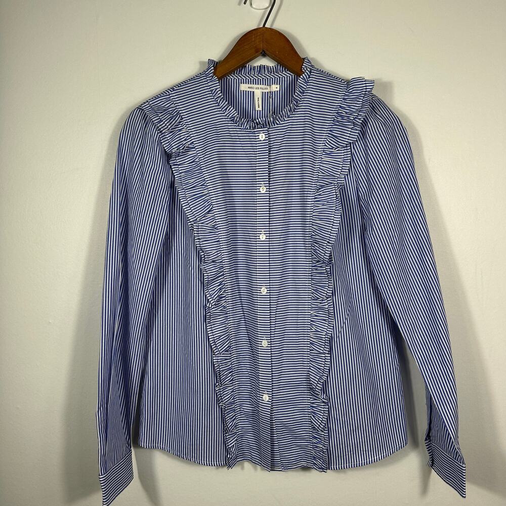 Avec Les Filles Blue‎ White Stripe Ruffle Button Front Blouse Womens Medium